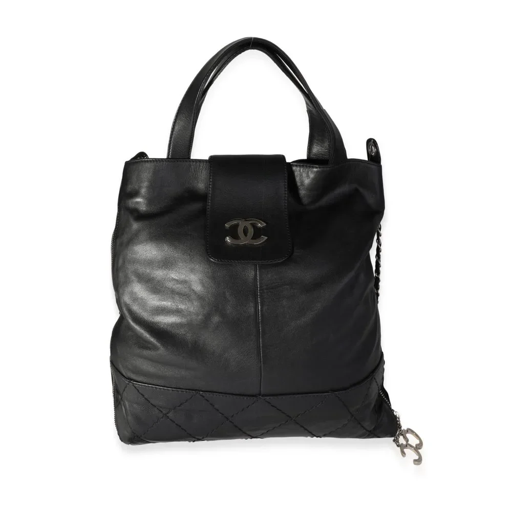 Chanel Black Diamond Stitched Leather Expandable Zip Tote